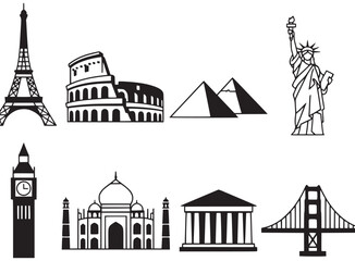 Fototapeta premium Monochrome Landmark Icons, Travel Symbols, Famous Monuments, Vector Illustrations