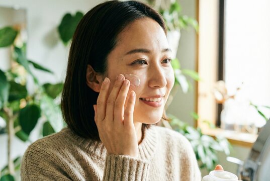 笑顔で顔に保湿クリームを塗る若い日本人女性。自宅でのスキンケア・美容のポートレート.