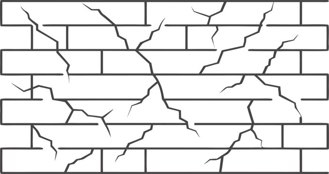 Cracked brick wall with fractured mortar lines broken