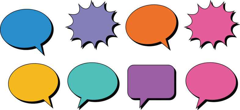 Set of colorful comic speech bubbles and burst shapes with drop shadows flat vector illustration isolated on white background for communication and social media design.