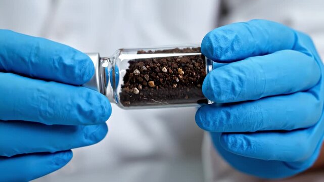 Scientist hands in blue protective gloves holding a glass vial with soil sample, agricultural research. Lab experiment, earth analysis, biology study.