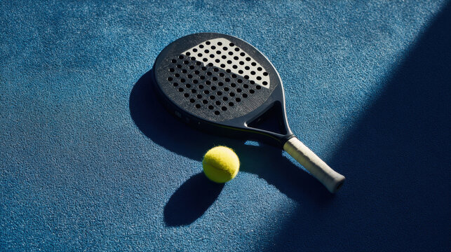 A padel racket and ball lying on a court surface.