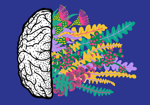 Black and White Brain with Colorful Flowers and Plants, Creativity Concept on Blue Background