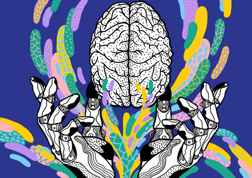 Black and White Brain with Robotic Hands and Colorful Abstract Elements on Blue Background