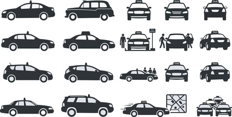 Urban Transportation Set with Taxi Cab and City Car Silhouettes © Musharof