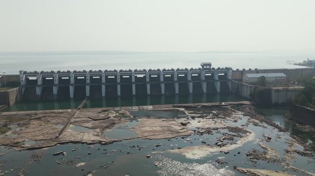 Aerial view of Gangrel Dam Dhamtari, Gangrel Dam water gates landscape Dhamtari, Scenic view of Gangrel Dam reservoir area, Wide structure of Gangrel Dam in Dhamtari stock video.