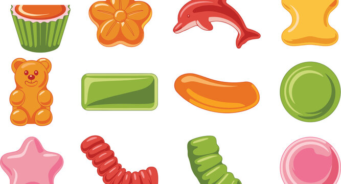 Set of colorful gummy candy vectors including jelly bear dolphin star worm and flower shapes for sweet food snack packaging and children party celebration decoration design.