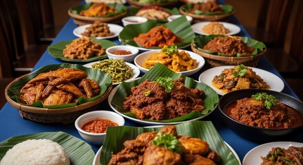 Obraz premium Southeast Asian Feast Abundant Dishes Served Traditionally on Banana Leaves