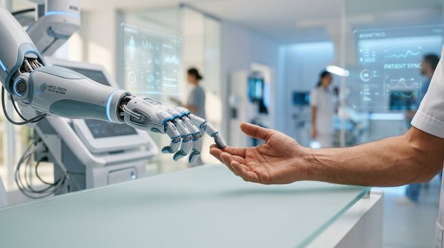 Human hand gently reaching towards an advanced medical robot arm in a bright, futuristic healthcare facility.