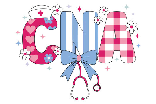 CNA nurse assistant typography with stethoscope flowers and pink heart patterns for medical.