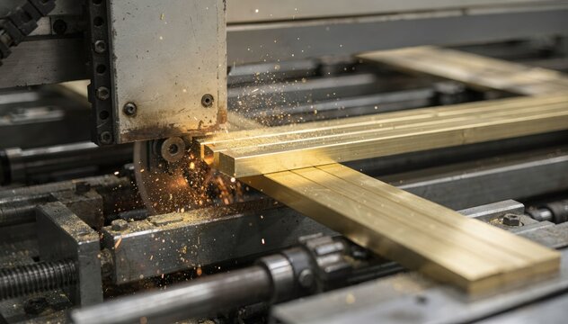 Medium shot of automated cutting saw slicing freshly extruded brass bars into precise lengths emphasizing accuracy and industrial precision in metal manufacturing.