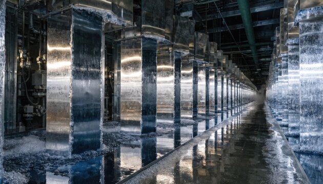 Side corridor perspective of nickel refining electrolytic cells highlighting the alignment of the rectangular units and metallic reflections on the anodes and cathodes in active