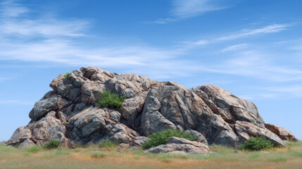 Fototapeta premium A large rock formation with shrubs sits in a grassy field under a bright blue sky dotted with white clouds, providing a scenic outdoor landscape photograph.