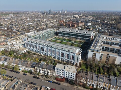 Former Arsenal football stadium converted to apartments at Highbury Square, London