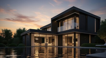 Fototapeta premium Sleek black modern house with glass walls reflecting in pool water.