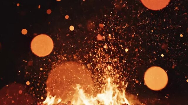 Firestorm texture shows bokeh lights on black background with bright sparks and glowing particles in motion