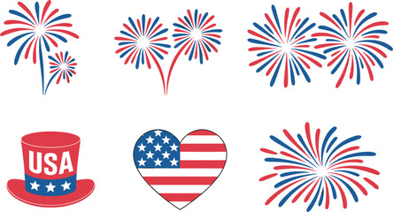Obraz premium Patriotic USA fireworks vector set with American flag heart hat red blue celebration design