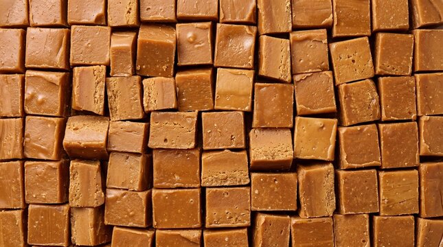 Caramel Fudge Cubes Texture Background &ndash; Sweet Caramel Candy Squares Close-Up &ndash; Creamy Toffee Confectionery Surface, Dessert Macro, Brown Sugar Candy Background for Baking and Indulgent Treat Concepts