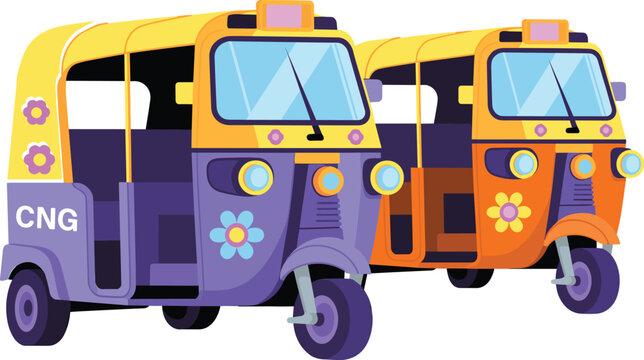 Colorful set of traditional auto rickshaw cng vehicles from south asia with artistic floral patterns and decorations.