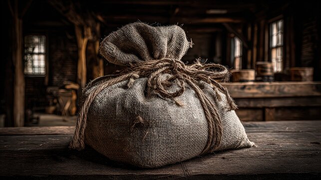 A textured burlap sack filled with shimmering golden grains rests on a rustic wooden table inside a dimly lit barn or workshop with wooden beams and barrels visible in the background creating an