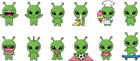 Obraz premium Cute Alien Character Vector Set with Different Activities, Emotions, Costumes and Cartoon Mascot Poses Collection