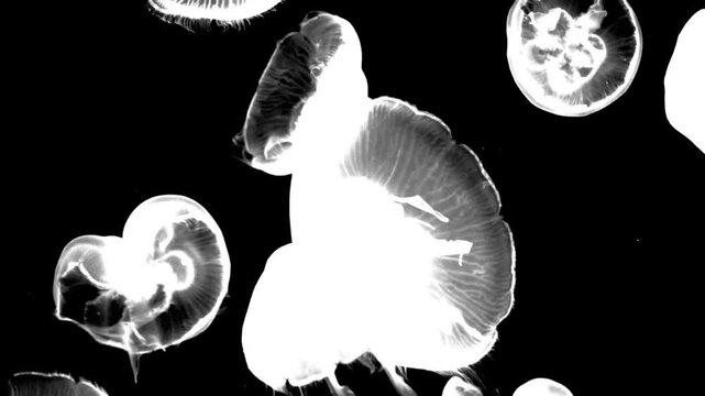 High contrast jellyfish swimming underwater on black background. Black and white for composite and presentation. Alpha matte isolated.