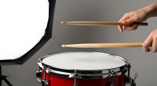 Hands holding drumsticks about to strike a red snare drum with a studio light