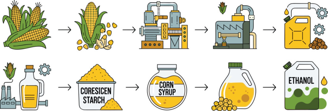 Corn Processing and Ethanol Production Process Vector Illustration Showing Maize to Starch, Syrup, Oil and Biofuel Manufacturing Steps Infographic