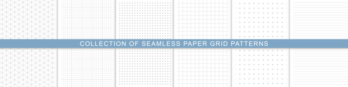 Minimal Seamless Paper Grid Patterns Collection, Notebook Graph Grids of Dots, Squared, Lined Stroke, Crosses and Triangle, Modern Clean Stationery Writing Guide for Design, Education and Architecture