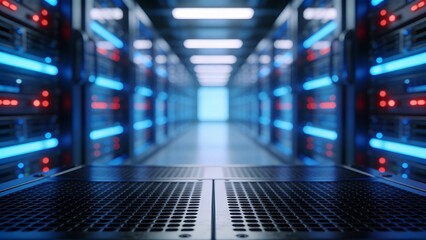 Fototapeta premium Glowing Server Room with Blue and Red Lights, Data Center Corridor Perspective