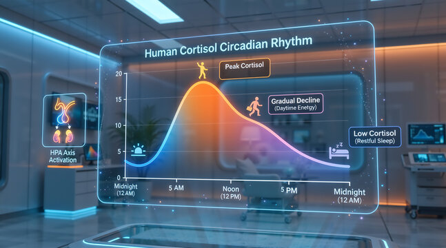 Futuristic 3D holographic display of a Human Cortisol Circadian Rhythm chart in a modern medical laboratory. Digital graph showing daily hormone cycle and HPA axis activation