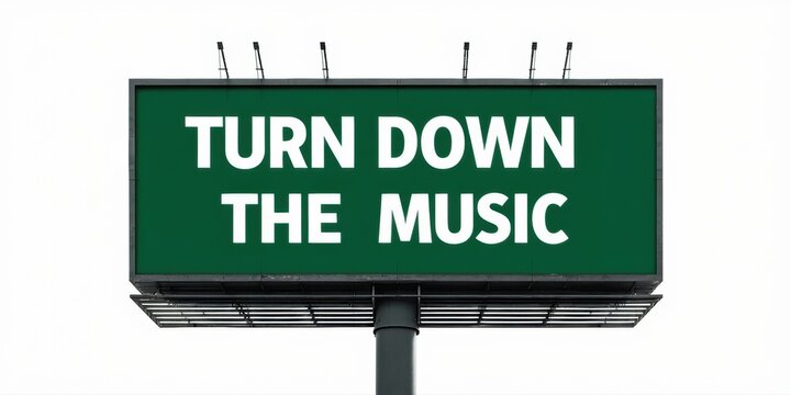 Billboard displays message requesting lower music volume. Dark background emphasizes bright green sign, simple text visible.