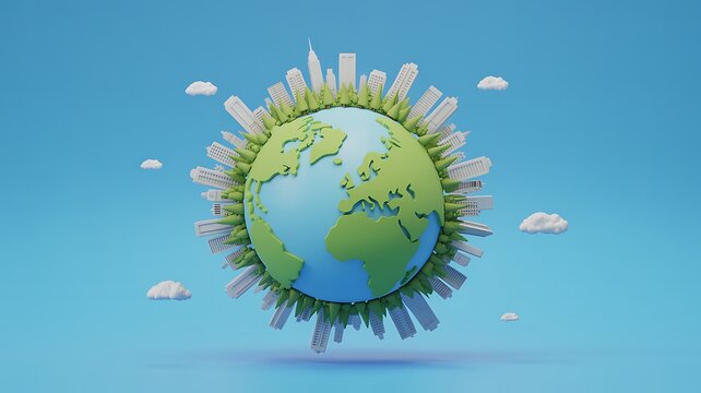 A 3D rendered digital illustration of Earth surrounded by computer chips and clouds floating in space.