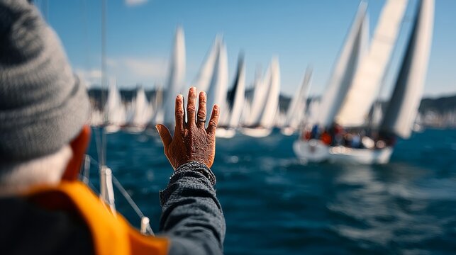 Elderly man in gray beanie waves hand towards sailing boats on water, multiple sailboats with white sails visible in the background under a clear blue sky