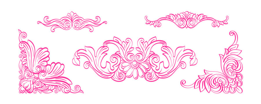 Ornate vintage corner ornaments featuring baroque scrollwork and rococo flourishes. Elegant decorative border with filigree details for classic wedding design and antique style graphic. Vector sketch