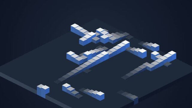 Abstract illustration of digital data structures composed of blue isometric blocks within a dark virtual network environment.
