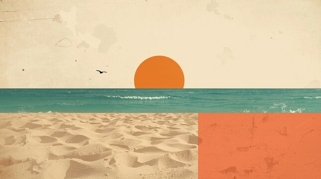 Surreal mixed-style collage of a minimalist beach with textured sand, teal ocean horizon, and oversized orange sun in a vintage poster aesthetic