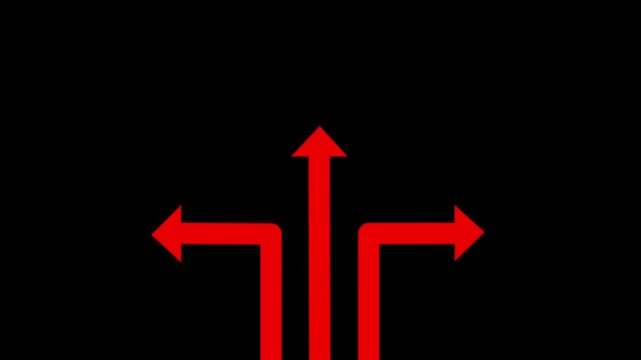 Three-Way Arrow Animation Loop: Animated Directional Pointers on Black Background, Business Choice and Decision Concept, 2D Graphic for Strategic Growth, Success Path, and Navigation Transitions