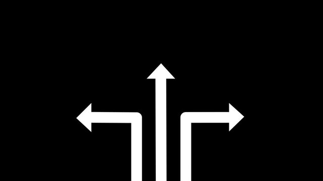 Three-Way Arrow Animation Loop: Animated Directional Pointers on Black Background, Business Choice and Decision Concept, 2D Graphic for Strategic Growth, Success Path, and Navigation Transitions