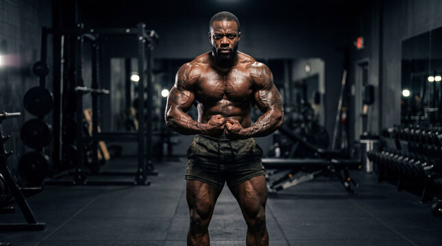 Muscular man flexing his biceps in a gym, showcasing his physique and tattoos.