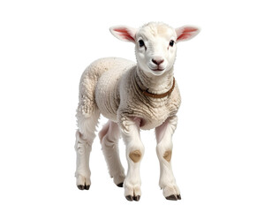 Fototapeta premium Young lamb standing with curious gaze, white fluffy wool and brown collar
