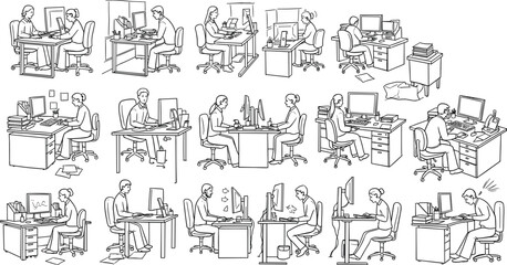 Obraz premium Office workers at desks, workplace culture illustration, business communication concept, productivity ergonomics design, teamwork collaboration environment, flat vector illustration
