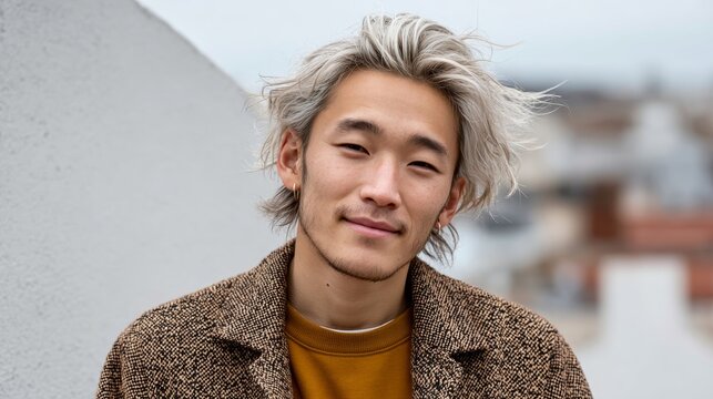 Asian male model with tousled silver hair wearing a brown patterned coat and mustard sweater poses outdoors against a blurred urban background