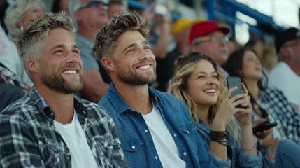 Fototapeta premium Group of young adults smiling and enjoying an outdoor event, seated in a stadium with spectators visible in the background, wearing casual clothing and holding smartphones