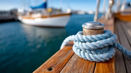 Fototapeta premium Blue rope coiled around a wooden cleat on a dock, with blurred sailboats and calm water in the background under a clear sky