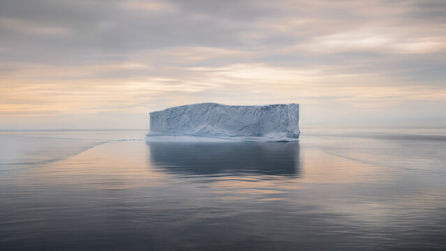 View of a large tabular iceberg floating in the calm arctic ocean under a soft pastel sky in Greenland.