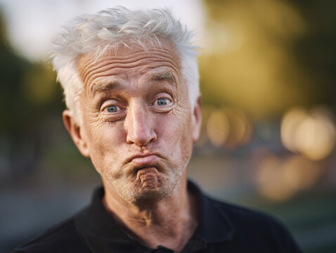 Funny Expressive Senior Man Making Silly Face Outdoors With Blurred Background 