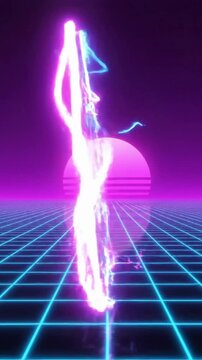 Moving neon frame with a sunset background in a grid environment during night time