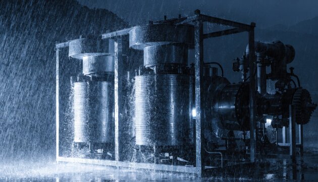 Medium shot of a rectifier station at night with illuminated transformers and turbine machinery casting dynamic shadows in an intense bluetoned environment.