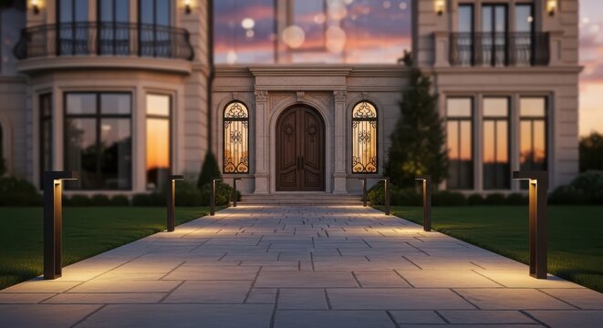 Grand mansion with illuminated pathway leading to an ornate wooden door.